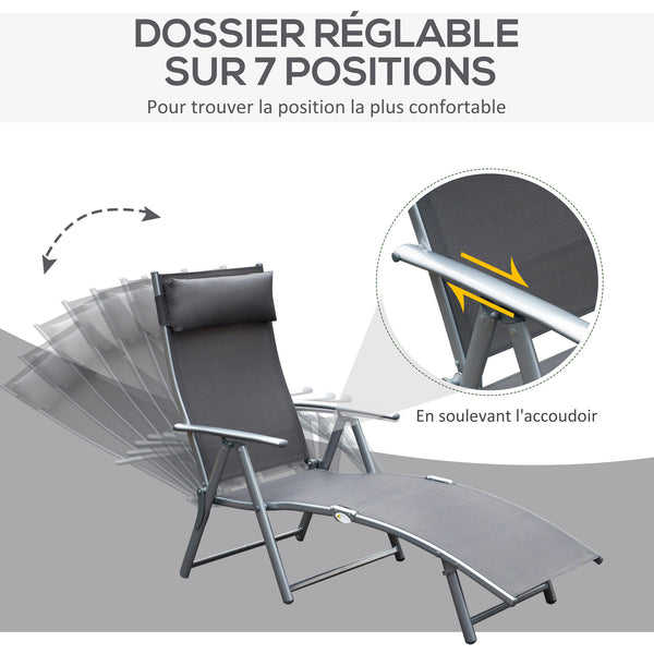transat Chaise Longue Bain de Soleil Pliable Dossier inclinable Multi-Positions têtière fournie 137L x 64l x 101H cm métal époxy textilène Gris