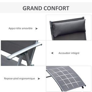 transat Chaise Longue Bain de Soleil Pliable Dossier inclinable Multi-Positions têtière fournie 137L x 64l x 101H cm métal époxy textilène Gris