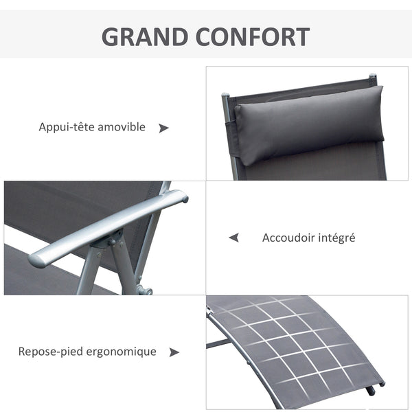transat Chaise Longue Bain de Soleil Pliable Dossier inclinable Multi-Positions têtière fournie 137L x 64l x 101H cm métal époxy textilène Gris