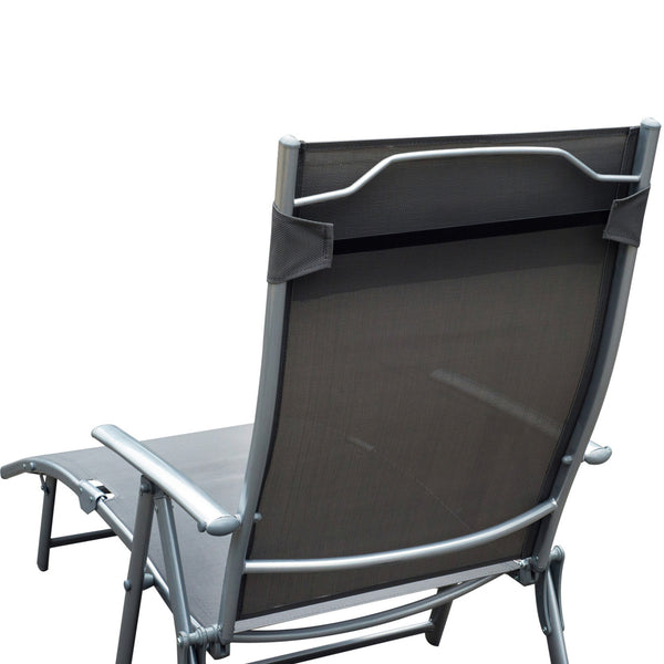 transat Chaise Longue Bain de Soleil Pliable Dossier inclinable Multi-Positions têtière fournie 137L x 64l x 101H cm métal époxy textilène Gris