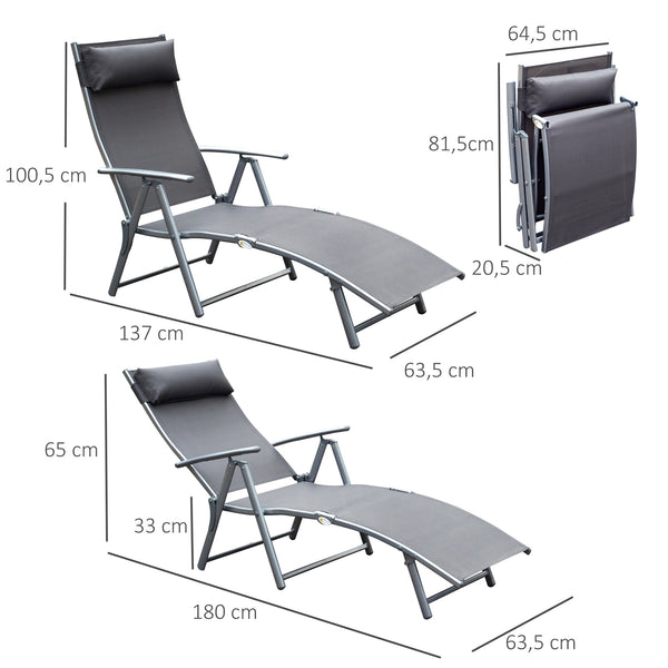 transat Chaise Longue Bain de Soleil Pliable Dossier inclinable Multi-Positions têtière fournie 137L x 64l x 101H cm métal époxy textilène Gris