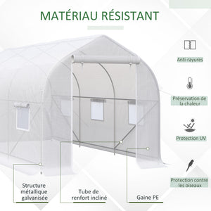 Serre tunnel de jardin 8m², serre de jardin tunnel 400x200x200cm avec 1 portes et 6 fenêtres, pour extérieur, toutes saisons, légumes, fruits, fleurs, bâche PE haute densité 140 g/m² blanc