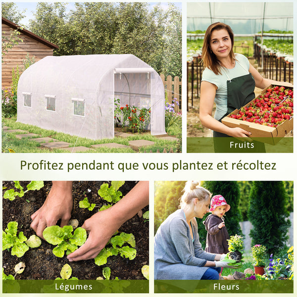 Serre tunnel de jardin 8m², serre de jardin tunnel 400x200x200cm avec 1 portes et 6 fenêtres, pour extérieur, toutes saisons, légumes, fruits, fleurs, bâche PE haute densité 140 g/m² blanc