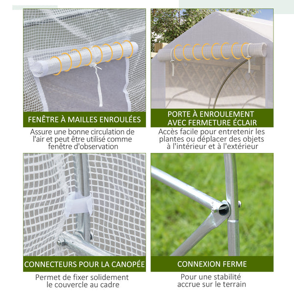 Serre tunnel de jardin 8m², serre de jardin tunnel 400x200x200cm avec 1 portes et 6 fenêtres, pour extérieur, toutes saisons, légumes, fruits, fleurs, bâche PE haute densité 140 g/m² blanc