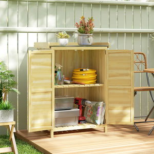 Armoire de jardin, armoire extérieure de rangement en bois avec étagère et crochets, plan de travail en métal galvanisé, table de rempotage pour balcon, terrasse, 71,5x39x95cm, bois naturel