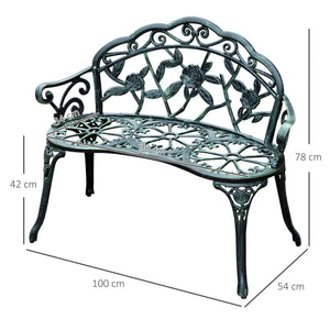 Banc de Jardin 2 Places Style néo-rétro Motif Rose Lignes fuselées 100L x 54l x 78H cm Fonte d'aluminium Vert Vieilli