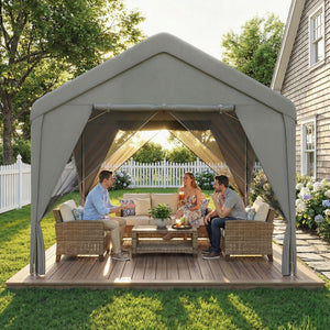 Tonnelle de jardin extérieur 3x3m pavillon de jardin hydrofuge - structure robuste en acier galvanisé avec toit double pente - barnum avec rideaux et moustiquaire pour fête et terrasse, gris