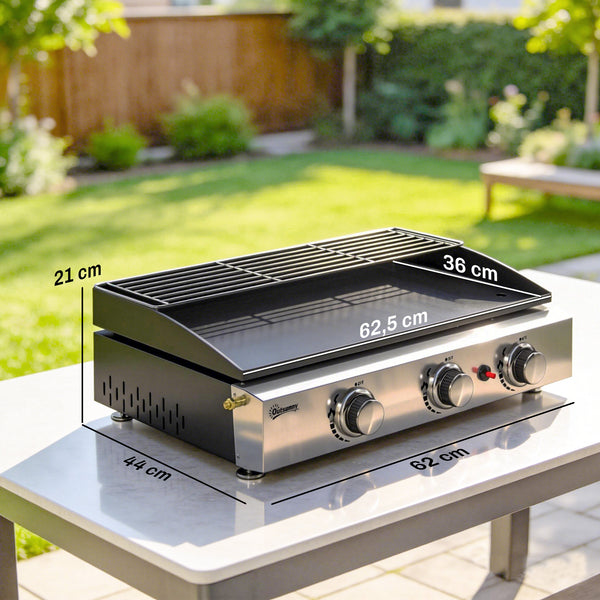 Plancha Gaz avec 3 brûleurs en Acier Inoxydable, 7,5 kW, Barbecue à Gaz avec Plaque Émaillée Résistante à Chaleur et Facile à Nettoyer, Barbecue de Table avec Grille de Réchauffage, Noir