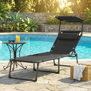 Bain de soleil, chaise longue pliante avec pare-soleil, appuie-tête en tissu Oxford, transat jardin extérieur inclinable de plage camping piscine terrasse 70 x 200 x 45 cm, noir