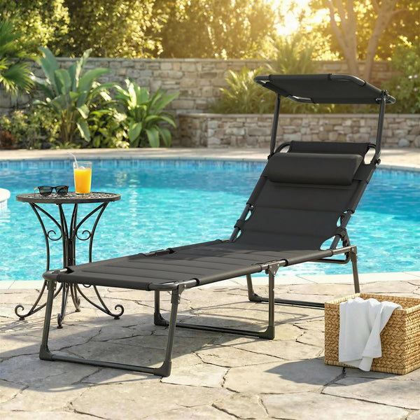 Bain de soleil, chaise longue pliante avec pare-soleil, appuie-tête en tissu Oxford, transat jardin extérieur inclinable de plage camping piscine terrasse 70 x 200 x 45 cm, noir