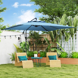 Parasol déporté carré 3 x 3 m, parasol de jardin extérieur avec manivelle, base croisée, parasol inclinable et rotation à 360°, toile polyester 180 g/m², protection UV UPF50+, bleu clair