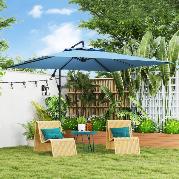Parasol déporté carré 3 x 3 m, parasol de jardin extérieur avec manivelle, base croisée, parasol inclinable et rotation à 360°, toile polyester 180 g/m², protection UV UPF50+, bleu clair