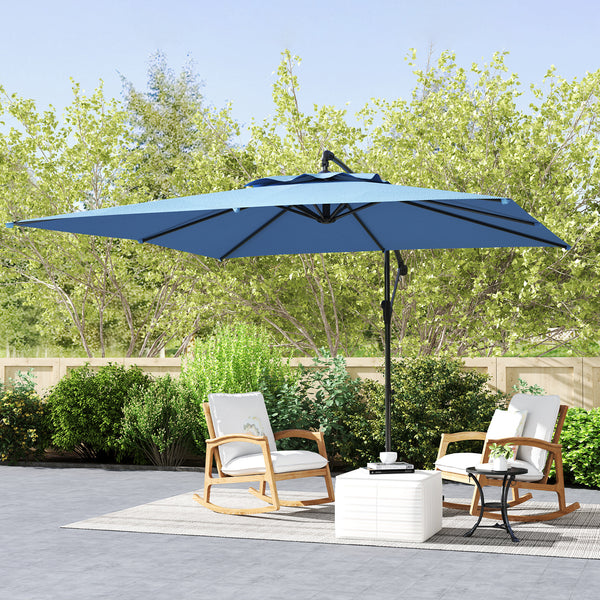 Parasol déporté carré 3 x 3 m, parasol de jardin extérieur avec manivelle, base croisée, parasol inclinable et rotation à 360°, toile polyester 180 g/m², protection UV UPF50+, bleu clair