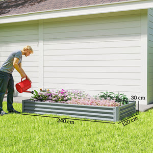 Carré potager rectangulaire, lit de jardin surélevé en acier galvanisé, fond ouvert, jardinière avec bord anti-coupure barres de soutien, 240 x 120 x 30 cm, gris argenté