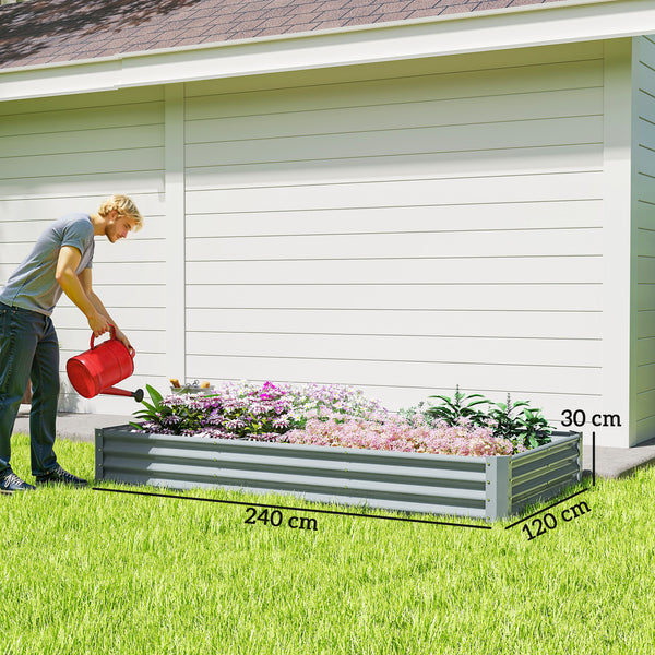 Carré potager rectangulaire, lit de jardin surélevé en acier galvanisé, fond ouvert, jardinière avec bord anti-coupure barres de soutien, 240 x 120 x 30 cm, gris argenté