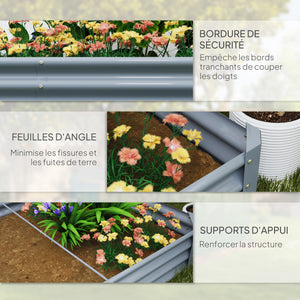 Carré potager rectangulaire, lit de jardin surélevé en acier galvanisé, fond ouvert, jardinière avec bord anti-coupure barres de soutien, 240 x 120 x 30 cm, gris argenté
