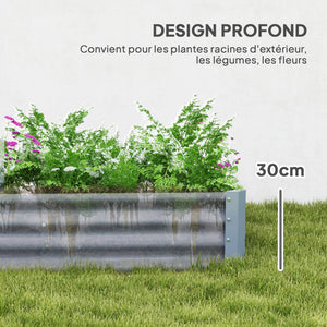 Carré potager rectangulaire, lit de jardin surélevé en acier galvanisé, fond ouvert, jardinière avec bord anti-coupure barres de soutien, 240 x 120 x 30 cm, gris argenté