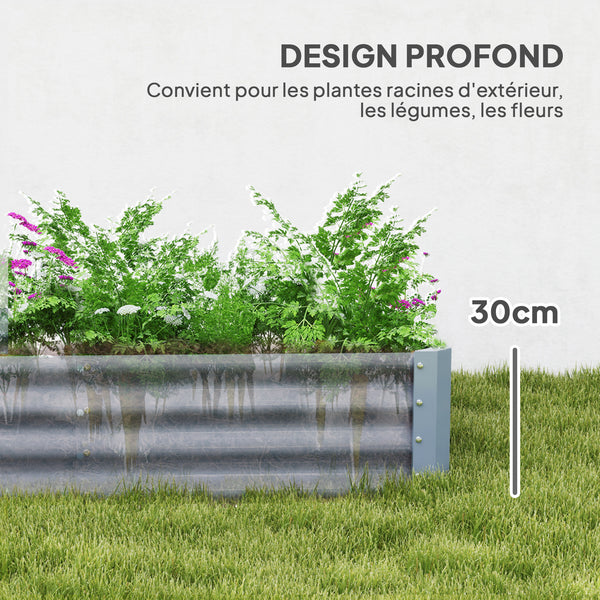 Carré potager rectangulaire, lit de jardin surélevé en acier galvanisé, fond ouvert, jardinière avec bord anti-coupure barres de soutien, 240 x 120 x 30 cm, gris argenté