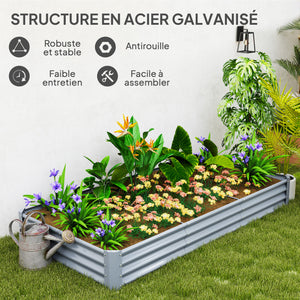 Carré potager rectangulaire, lit de jardin surélevé en acier galvanisé, fond ouvert, jardinière avec bord anti-coupure barres de soutien, 240 x 120 x 30 cm, gris argenté