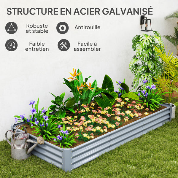 Carré potager rectangulaire, lit de jardin surélevé en acier galvanisé, fond ouvert, jardinière avec bord anti-coupure barres de soutien, 240 x 120 x 30 cm, gris argenté