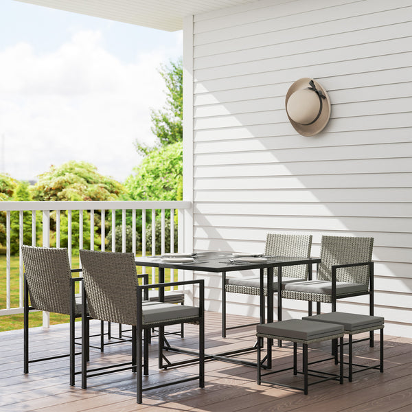 Salon de jardin extérieur en résine tressée 8 places, table et chaises de jardin extérieur avec 4 fauteuils, 4 tabourets, coussins et plateau en verre trempé, pour terrasse patio balcon, gris