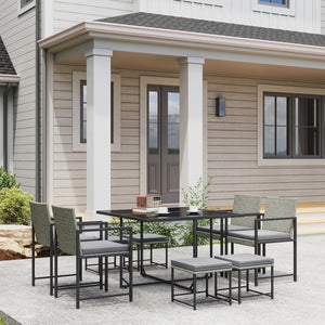 Salon de jardin extérieur en résine tressée 8 places, table et chaises de jardin extérieur avec 4 fauteuils, 4 tabourets, coussins et plateau en verre trempé, pour terrasse patio balcon, gris