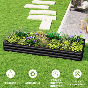 Carré Potager en Métal Modulable - Potager Surélevé 241x90,5x30cm en Acier Galvanisé - Jardinière Extérieur Anti-Rouille pour Légumes et Fleurs, Noir