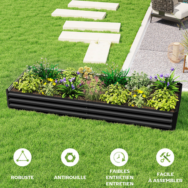 Carré Potager en Métal Modulable - Potager Surélevé 241x90,5x30cm en Acier Galvanisé - Jardinière Extérieur Anti-Rouille pour Légumes et Fleurs, Noir