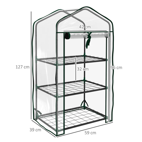 Serre de jardin avec étagères 3 niveaux, serre de balcon, bâche renforcée PVC, châssis en acier, porte zippée enroulable, pour légumes plantes fleurs, 59 x 39 x 127 cm, transparent