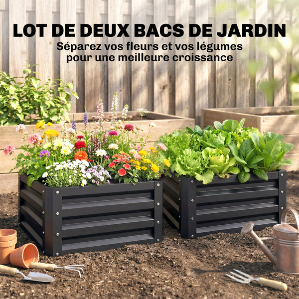 Lot de 2 jardinières surélevées en acier galvanisé 60 x 60 x 30,5 cm, carre potager de jardin pour légumes, fleurs et herbes, gris