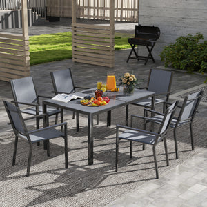 Salon de jardin extérieur 7 pièces, table extérieure avec 6 chaises empilables, plateau à lattes 150 cm, structure en acier anti-rouille, mobilier de jardin, terrasse, patio, gris