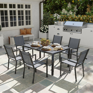 Salon de jardin extérieur 7 pièces, table extérieure avec 6 chaises empilables, plateau à lattes 150 cm, structure en acier anti-rouille, mobilier de jardin, terrasse, patio, gris