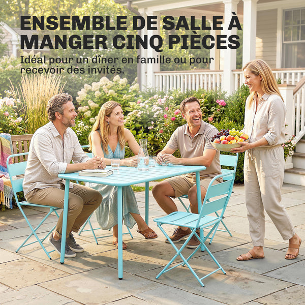 Ensemble de Salle à Manger Extérieur 5 Pièces, pour 4 Personnes, Plateau à Lattes, Chaises Pliantes, Cadre Antirouille, Vert Clair