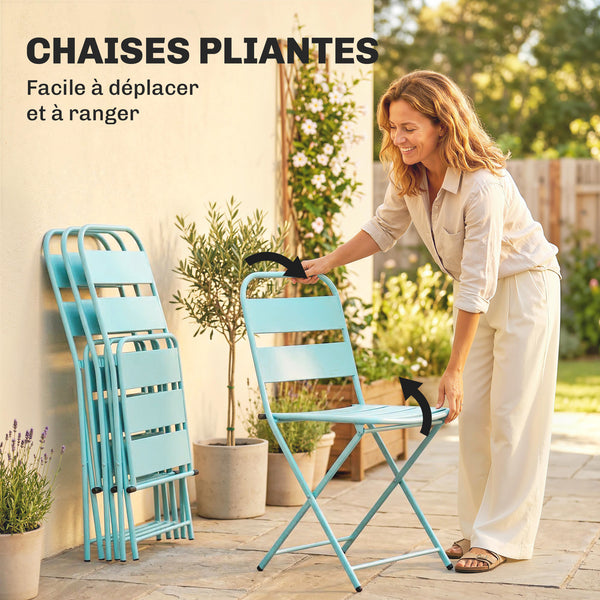 Ensemble de Salle à Manger Extérieur 5 Pièces, pour 4 Personnes, Plateau à Lattes, Chaises Pliantes, Cadre Antirouille, Vert Clair