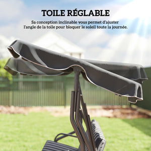Balancelle de Jardin 3 Places Toit imperméabilisé Inclinaison réglable Coussins Assise Dossier 1,7L x 1,1l x 1,53H m Acier Polyester gris blanc rayé