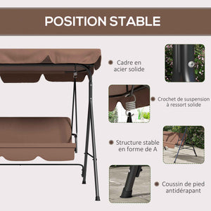 Balancelle de Jardin 3 Places Toit Inclinaison réglable Coussins Assise et Dossier 1,72L x 1,1l x 1,53H m Acier Noir Polyester Marron