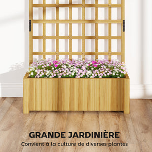 Jardinière avec treillis, bac à fleurs, lit surélevé avec trous de drainage, pour plantes grimpantes, légumes, bois massif, intérieur et extérieur, 90 x 30 x 180 cm, effet bois naturel