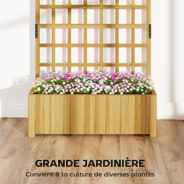 Jardinière avec treillis, bac à fleurs, lit surélevé avec trous de drainage, pour plantes grimpantes, légumes, bois massif, intérieur et extérieur, 90 x 30 x 180 cm, effet bois naturel