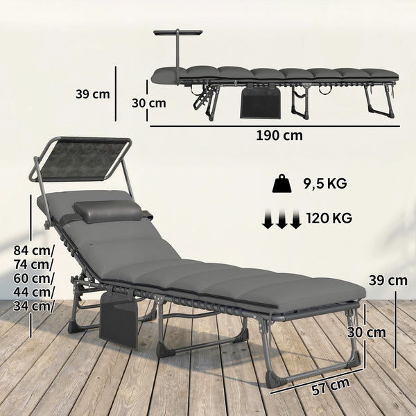 Bain de Soleil 5 Positions Inclinables avec Canopy Coussin Appuie-tête, Lit de Soleil Portable avec Poche Latérale et Poignée de Transport, pour Plage Camping Piscine, 190x57x30cm, Gris Foncé