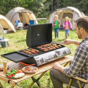 Barbecue à Gaz de Table 3 Brûleurs - Combiné Gril et Plancha avec Couvercle et Thermomètre - 8,1 kW Portable pour Camping Balcon Terrasse - Surface de Cuisson 2224 cm², Noir