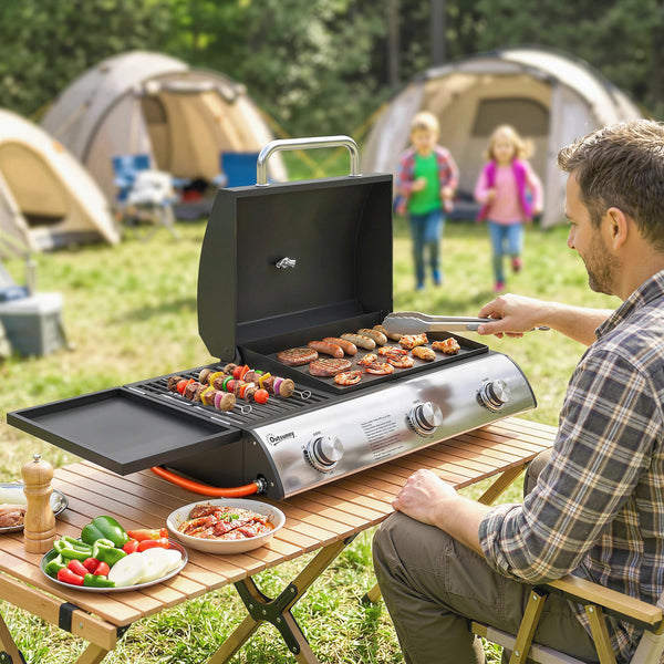 Barbecue à Gaz de Table 3 Brûleurs - Combiné Gril et Plancha avec Couvercle et Thermomètre - 8,1 kW Portable pour Camping Balcon Terrasse - Surface de Cuisson 2224 cm², Noir