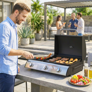 Barbecue à Gaz de Table 3 Brûleurs - Combiné Gril et Plancha avec Couvercle et Thermomètre - 8,1 kW Portable pour Camping Balcon Terrasse - Surface de Cuisson 2224 cm², Noir