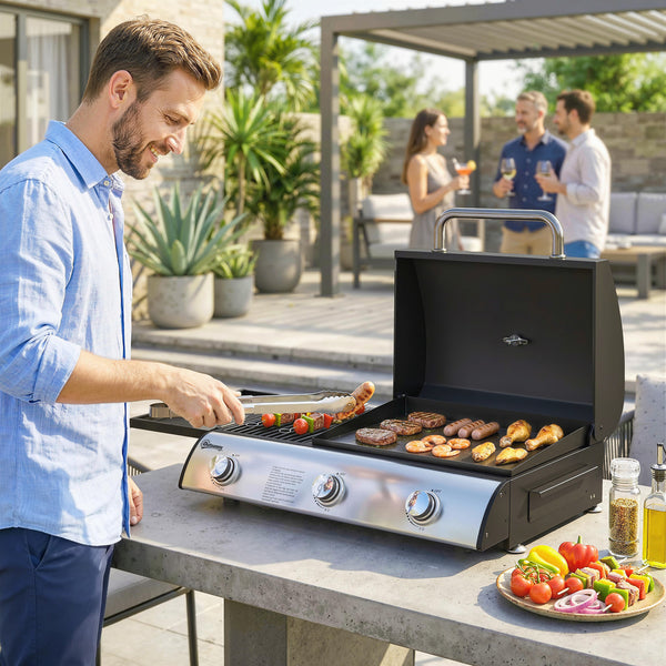 Barbecue à Gaz de Table 3 Brûleurs - Combiné Gril et Plancha avec Couvercle et Thermomètre - 8,1 kW Portable pour Camping Balcon Terrasse - Surface de Cuisson 2224 cm², Noir