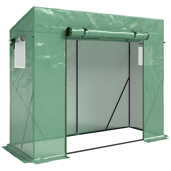 Serre de jardin PE, serre de balcon, bâche renforcée 140 g/m², châssis en acier, porte zippée enroulable, pour légumes plantes fleurs, intérieur et extérieur, 200 x 77 x 169 cm, vert