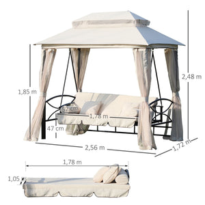 Balancelle de Jardin 3 Places Convertible Style Colonial Grand Confort 2 Coussins + Matelas + moustiquaires Inclus Noir Beige