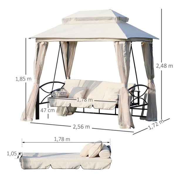 Balancelle de Jardin 3 Places Convertible Style Colonial Grand Confort 2 Coussins + Matelas + moustiquaires Inclus Noir Beige