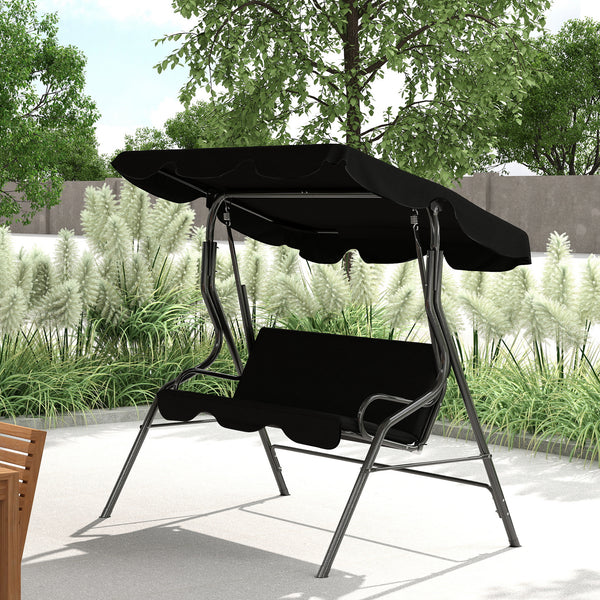 Balancelle de Jardin 3 Places Toit imperméabilisé Inclinaison réglable Coussins Assise Dossier 1,7L x 1,1l x 1,53H m Acier Polyester Noir