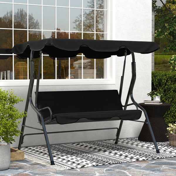 Balancelle de Jardin 3 Places Toit imperméabilisé Inclinaison réglable Coussins Assise Dossier 1,7L x 1,1l x 1,53H m Acier Polyester Noir