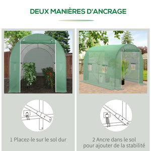 Serre de Jardin Tunnel Surface Sol 6 m² 3L x 2l x 2,10H m châssis Tubulaire renforcé Porte zippée 4 fenêtres enroulables Vert