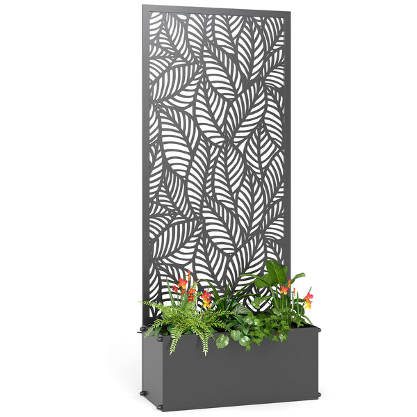 Jardinière avec treillis, bac à fleurs, lit surélevé avec brise-vue, à motif de feuilles, pour plantes grimpantes, légumes, fleurs, métal, intérieur et extérieur, 45x21,5x110cm, noir